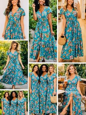 Jaase Carmen Janis Beautiful Pink Teal Floral Maxi Dress Embroidered Cap Slvs Sm